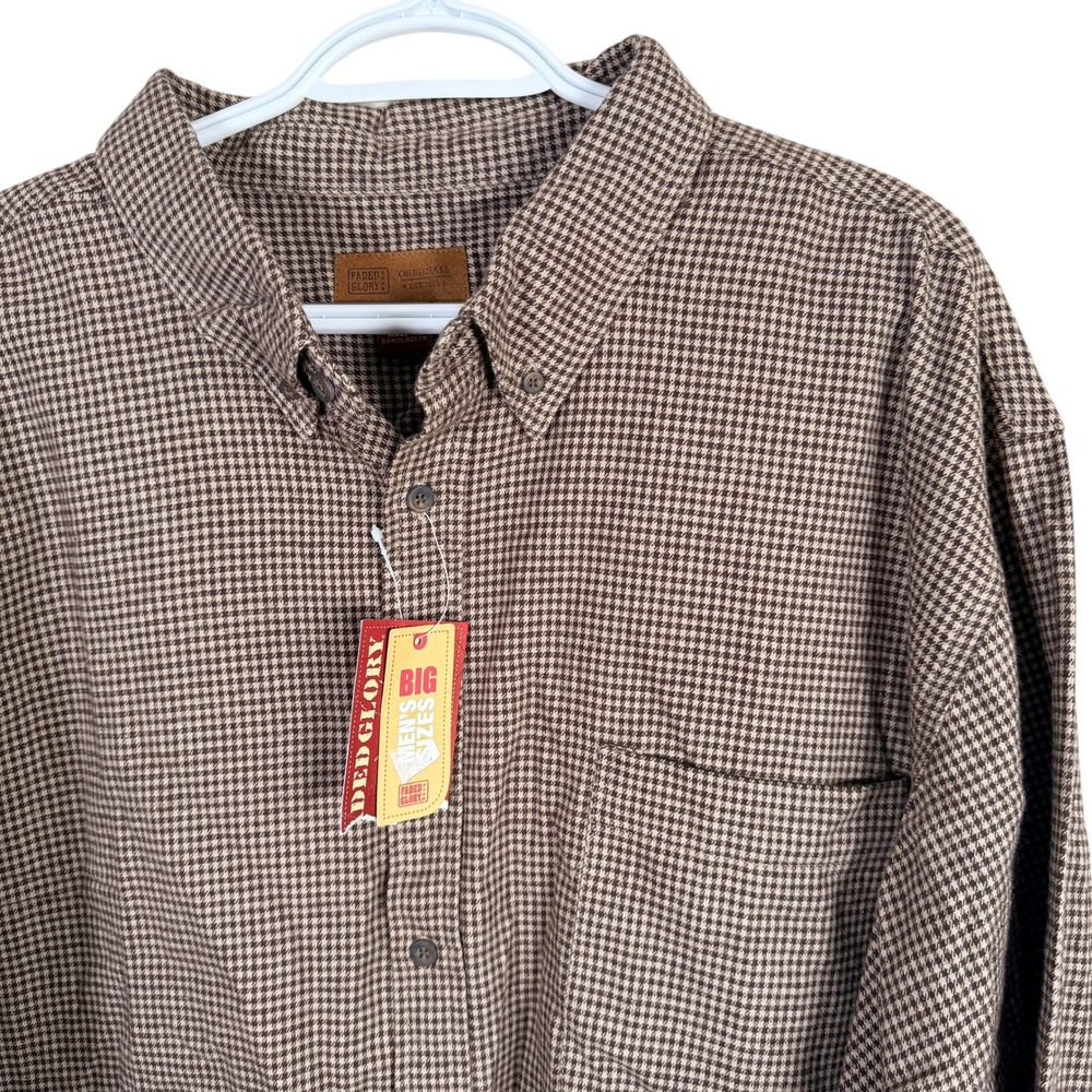 Faded Glory Flannel Shirt Mens 3XL Brown Houndstooth L/S Cotton Button Down